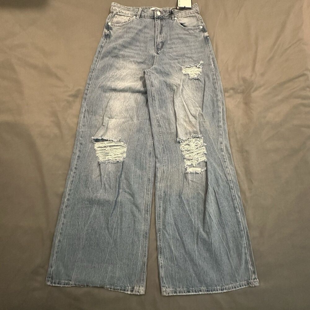 Almost Famous Jeans Womens 7 Ultra High Rise Wide Leg Distressed Light Wash